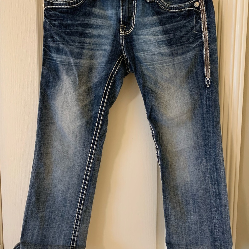 Rock Revival Blue Ankle Cropped Jeans with Distressed Look